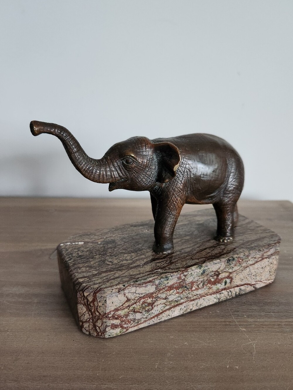 Theodore Alexander Bronze Elephant Marble Base Sculpture Vintage India Decor Art